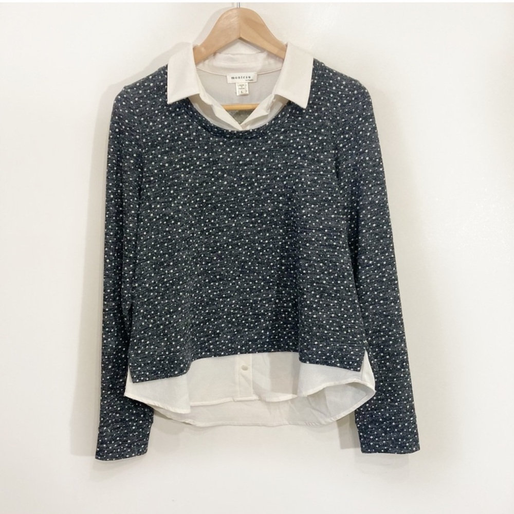 Monteau Built in Blouse Sweater Sz Large Polka Dot Grey Cream Office